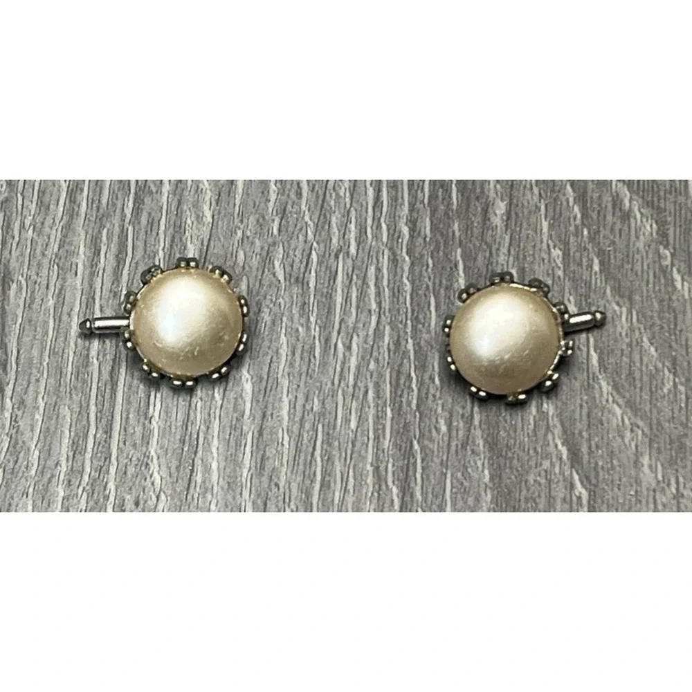 Vintage Style Faux Pearl Cufflinks Men's Silver Tone Round Dress Shirt